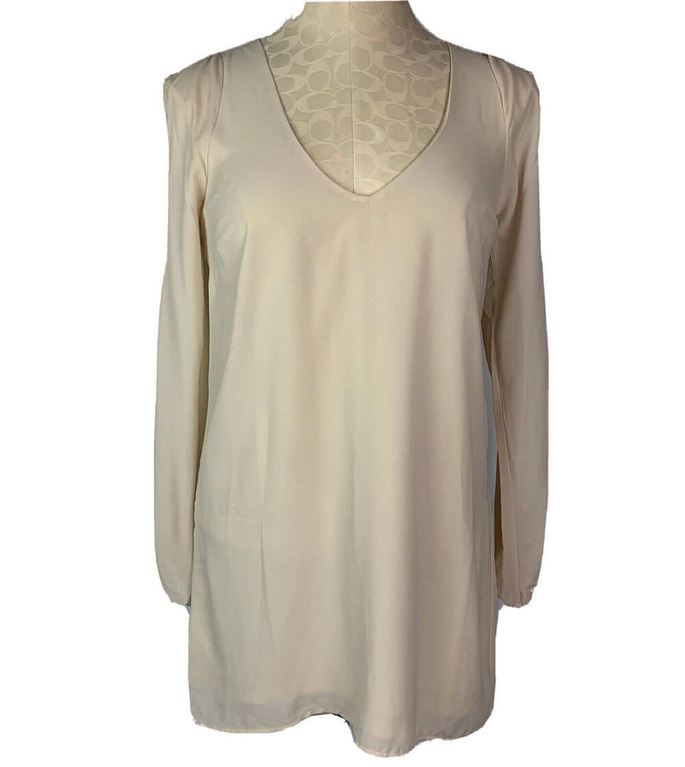 Small Tobi Sheer Lined New Split Sleeve Tunic Taupe Tan Women's V-Neck Blouse